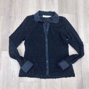 Anne Fontaine collared long sleeve fishnet mesh button down top black sz 40 US 8